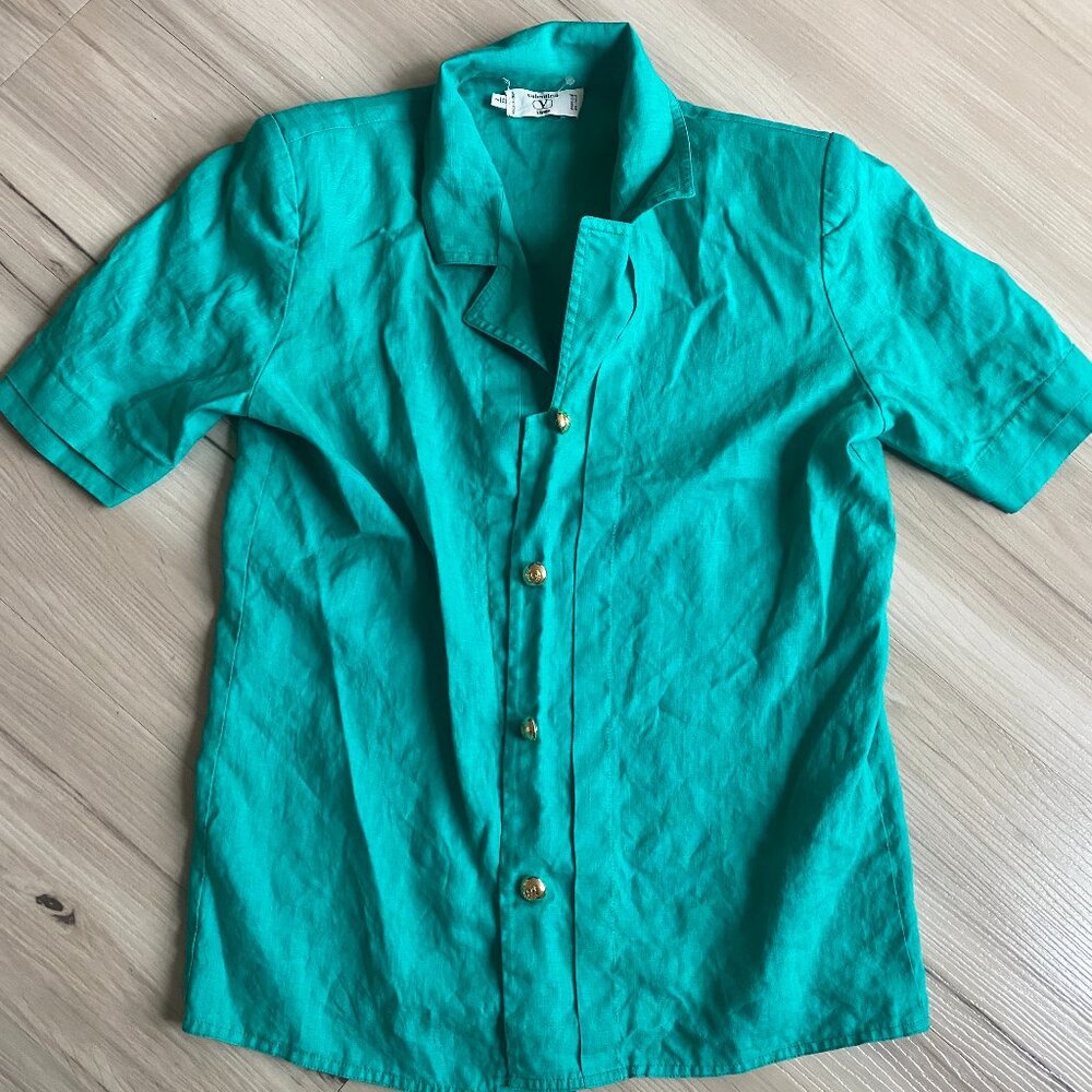 Vintage Valentino Teal Button up with Gold Buttons and Shoulder Pads